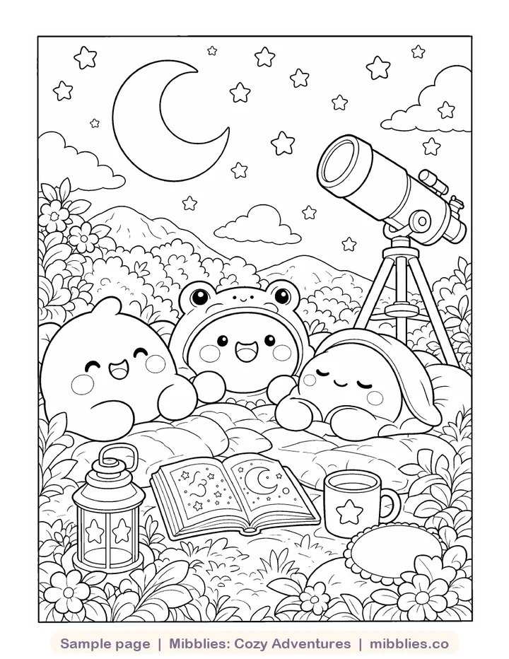 Coloring page from Cozy Adventures: Mochi, Bubs and Puddle under a crescent moon with a telescope, lantern and storybook
