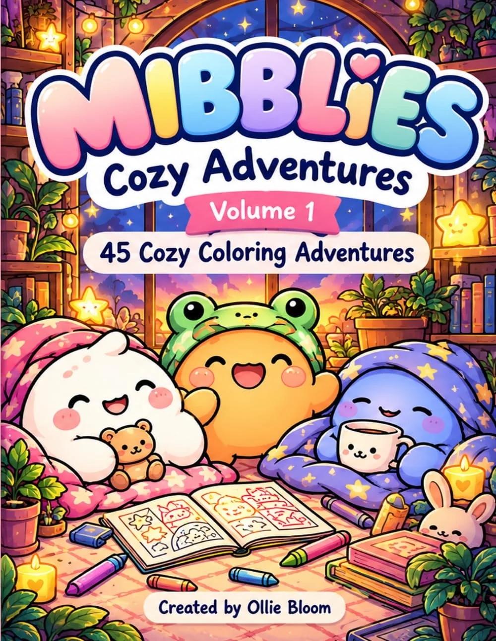 Cover of Mibblies: Cozy Adventures, Volume 1: the dumpling squishies Mochi, Bubs and Puddle snuggled in blankets with crayons and an open coloring book