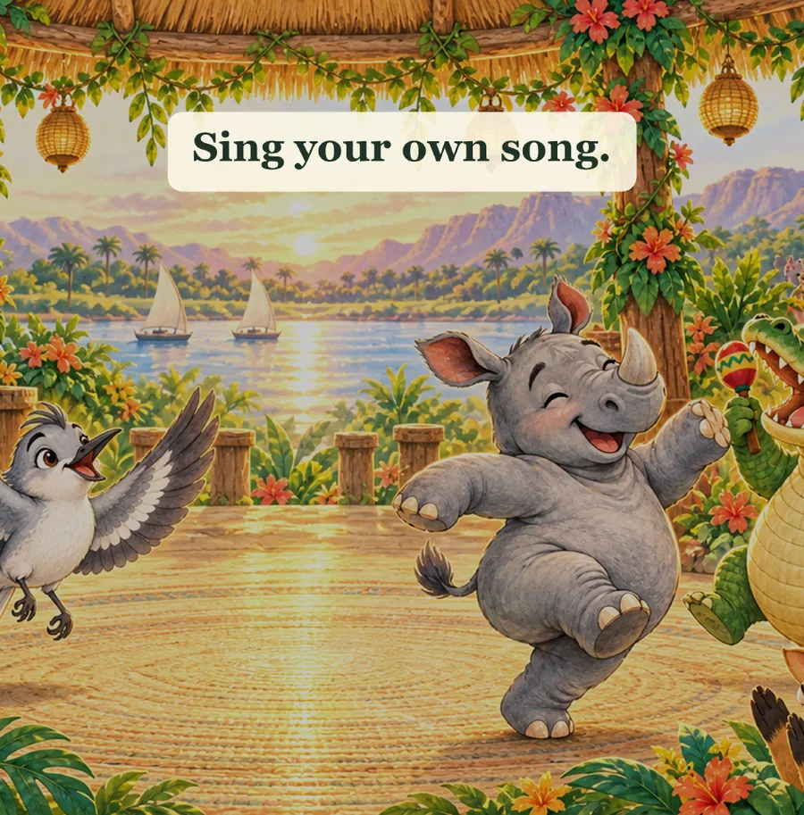 Final page of Rodney the Rockin’ Rhino: Rodney dancing with his friends under the words Sing your own song